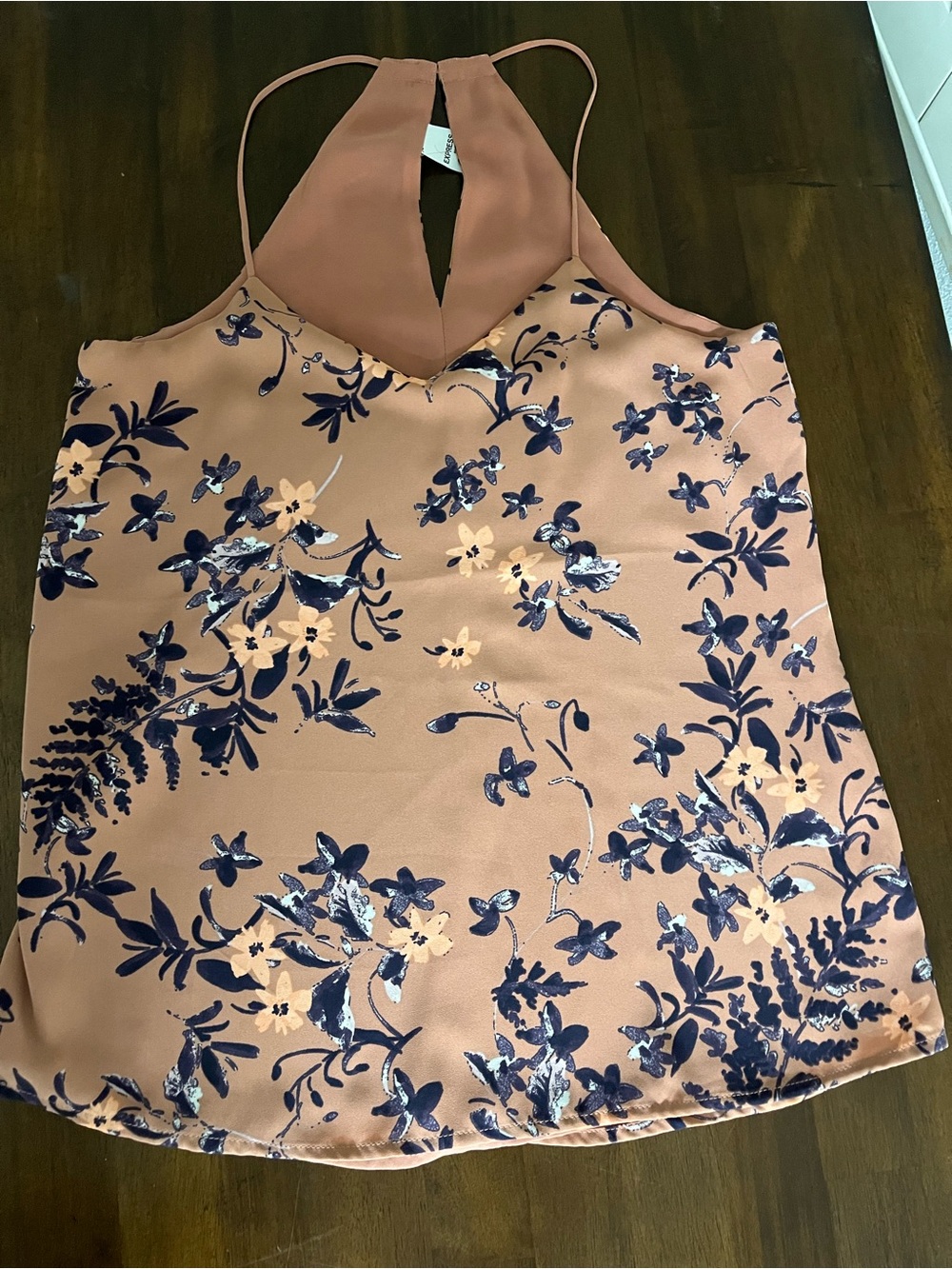Express XS Floral Halter Satin Tank Top - Blush with Navy Floral